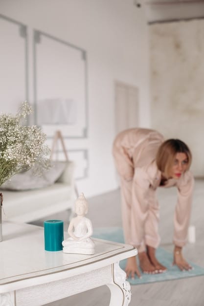 A minimalist yoga space at home featuring a yoga mat, a small plant, and a cushion. Soft, natural light filters through a sheer curtain, creating a calming and inviting atmosphere for a relaxing yoga practice.