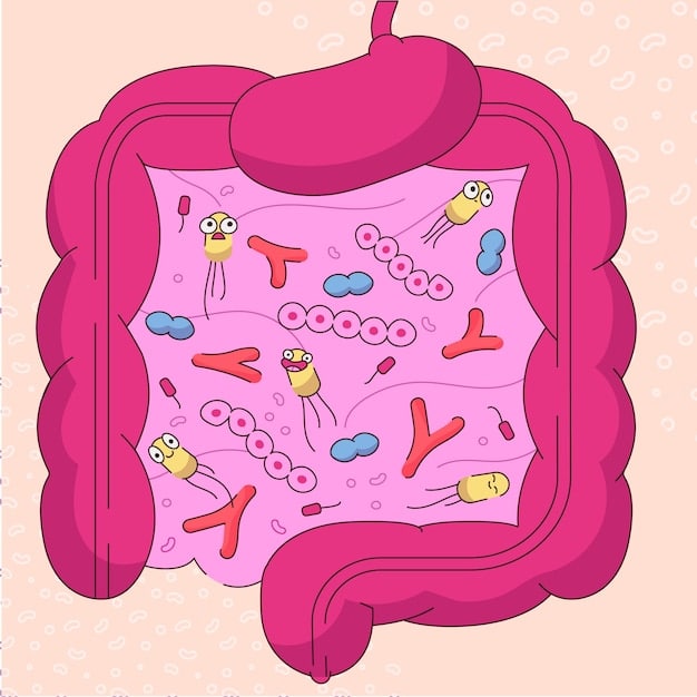 An illustration depicting the intestinal lining with both healthy, diverse gut bacteria and areas of inflammation and imbalance, symbolizing dysbiosis and its negative effects on the gut.