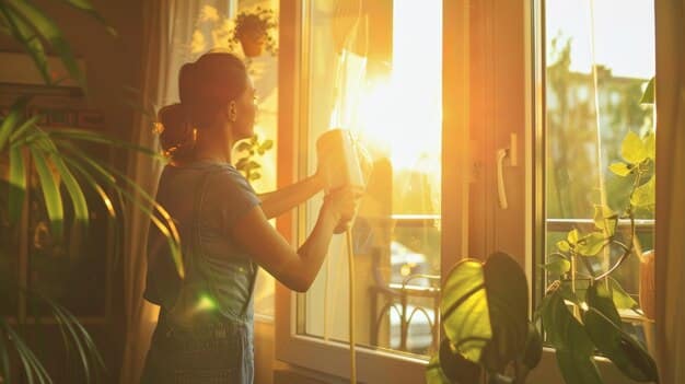 A person cleaning a window with natural light streaming in, illustrating the importance of natural light and cleanliness in creating a healthy home environment.