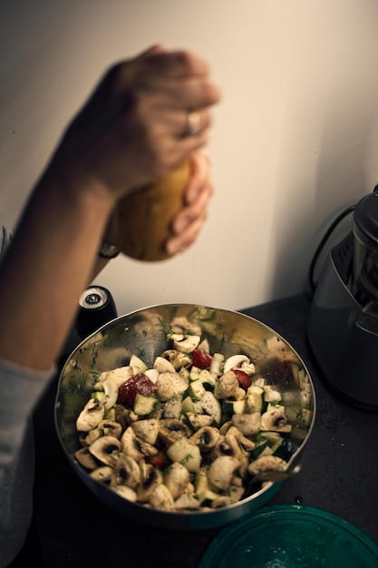 A close-up shot of a person preparing a healthy meal in a well-lit kitchen. The focus is on the fresh ingredients: colorful vegetables, lean protein, and whole grains.