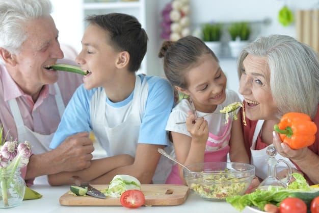 A split image showing different age groups (infants, children, adults, and seniors) with examples of healthy meals tailored to each group's specific nutritional needs.