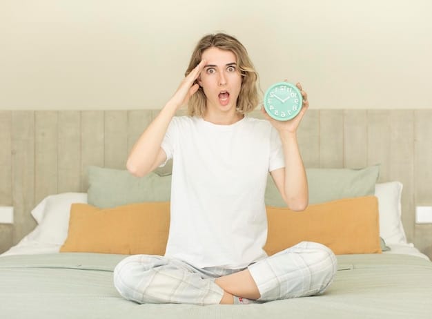A person in bed looking at the alarm clock with a frustrated expression. The alarm clock is set for a very early hour. In the background, there are visual representations of financial stress, such as unpaid bills and a declining stock chart.