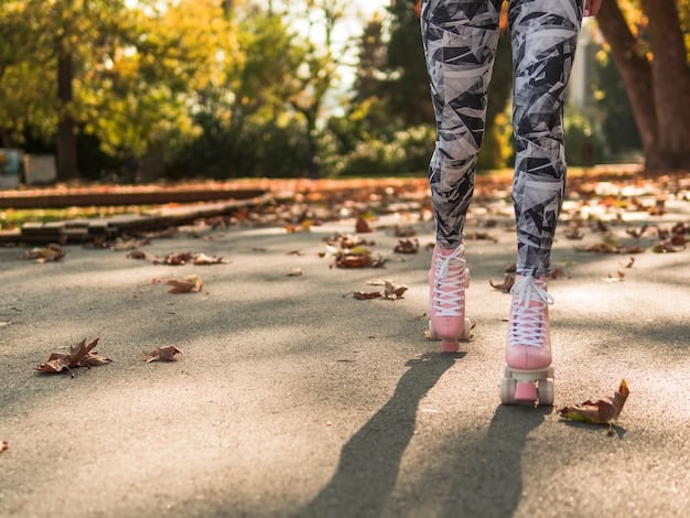 A close-up shot of a person's feet as they walk briskly on a park trail. The image emphasizes the movement and the connection to nature, highlighting the ease and accessibility of walking as a form of exercise.