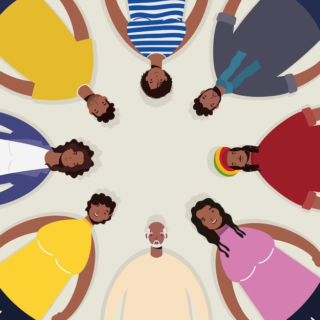 A diverse group of people are sitting in a circle, holding hands and smiling warmly at each other, embodying a supportive and compassionate community. The setting is a sunlit room with soft, natural light.
