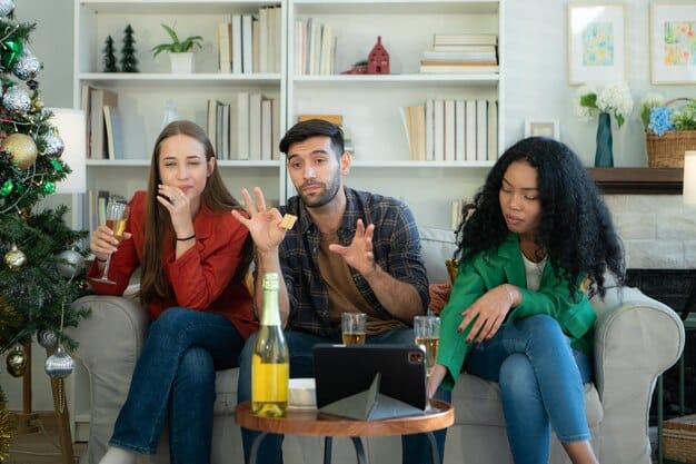 A person confidently and calmly declining an alcoholic beverage at a festive holiday party, while others around them are drinking, illustrating the importance of setting boundaries.