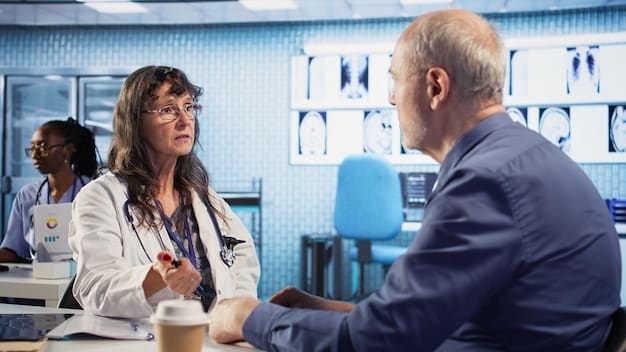 A doctor explaining treatment options to a patient with a compassionate expression, emphasizing shared decision-making in healthcare.