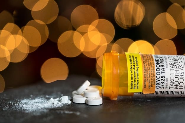 A close-up shot of prescription medication bottles with labels related to opioid addiction treatment, such as buprenorphine and naltrexone. The background is blurred to focus on the medication labels.