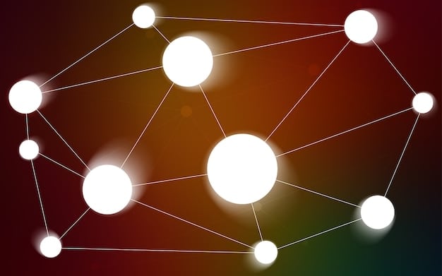 A graphic depicting a complex web of interconnected nodes, with labels like 
