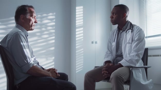 A doctor sitting across from a patient, both looking concerned and thoughtful, representing the challenges in diagnosing co-occurring disorders. The setting is a dimly lit office with medical charts visible in the background.