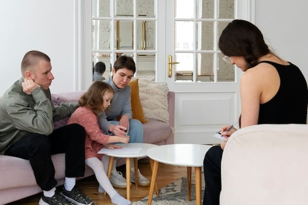 A therapist is leading a family therapy session. Family members are engaged in an open conversation, with some showing signs of emotional vulnerability. The setting is a modern office with comfortable seating arrangements.