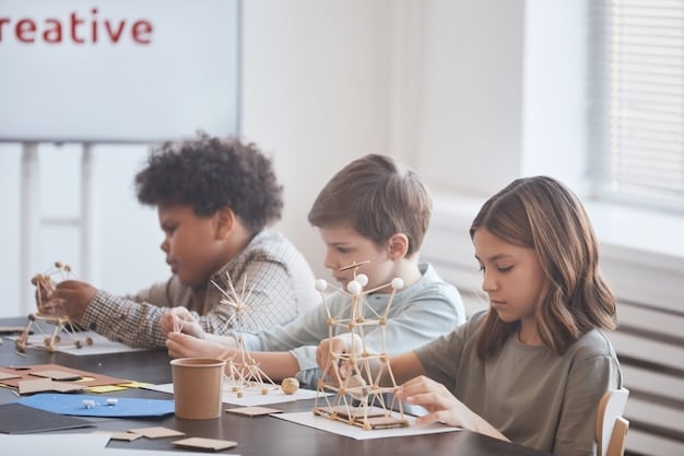 A group of young children working together on a construction project, each contributing ideas and solutions. They are using building blocks and showing teamwork.