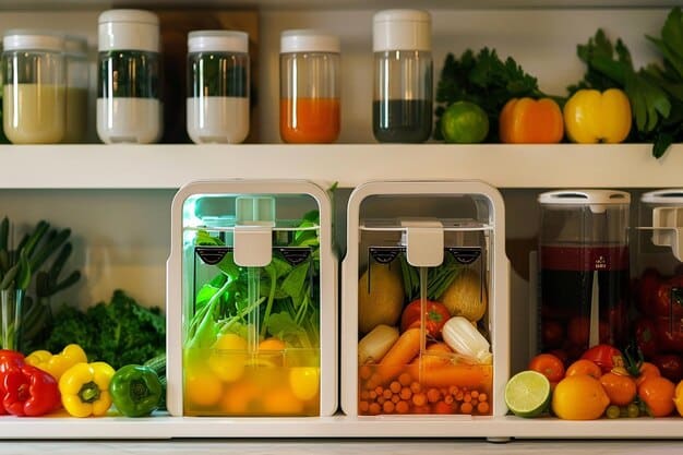An organized refrigerator with clear containers filled with prepped vegetables, fruits, and other healthy ingredients, labeled neatly for easy access and meal assembly.