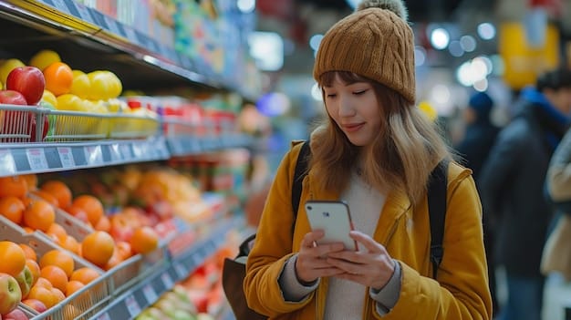 A person shopping in a grocery store, carefully reviewing a shopping list on their smartphone and comparing prices of different produce items, embodying mindful shopping habits.