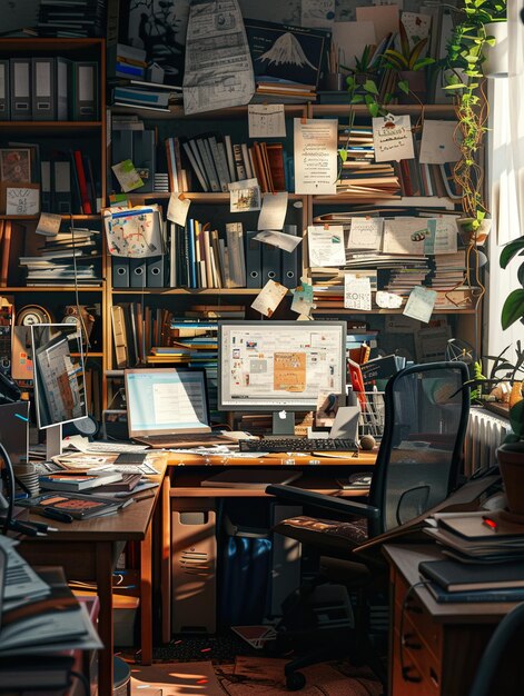 A cluttered home office desk overflowing with papers, books, and various office supplies. The scene emphasizes the chaos and disorganization of a typical cluttered workspace.