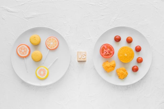 A side-by-side comparison of two plates: one representing an old, potentially less healthy dietary guideline with larger portions of processed foods and fewer vegetables, and the other representing a new, healthier guideline with balanced portions of whole foods, lean protein, and colorful vegetables. This comparison visually highlights the shift in dietary recommendations.