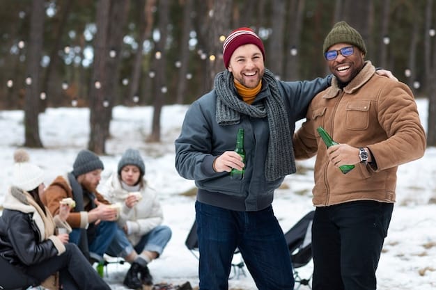 A diverse group of people smiling and participating in outdoor activities during winter, such as snowshoeing, skiing, and ice skating, with the sun shining brightly.