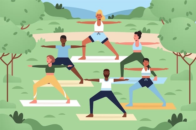 A diverse group of people participating in various physical activities such as yoga, hiking, and playing sports in a park, illustrating different ways to stay active and promote heart health.