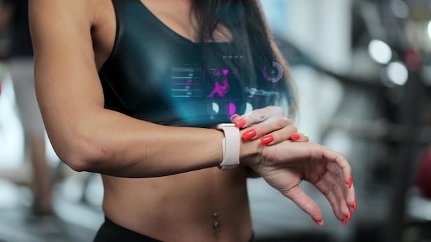A person using a fitness tracker on their wrist while working out in a gym, surrounded by exercise equipment. The tracker displays heart rate and other metrics, emphasizing data-driven fitness.