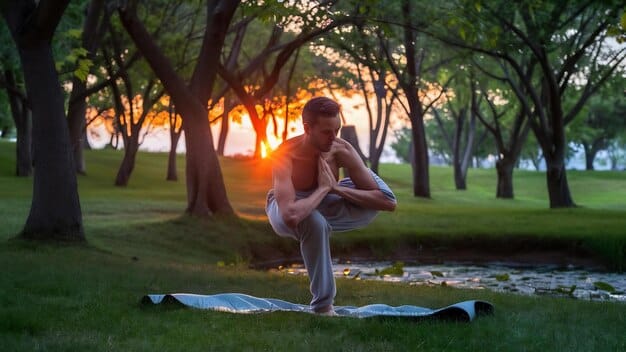 A person practicing yoga in a serene park at sunrise, embodying stress relief and mindfulness in the context of a demanding professional life.