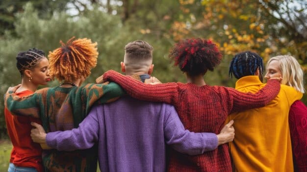 A diverse group of people supporting each other, symbolizing community, empathy, and social support as a key element of emotional resilience. Use bright and warm colors.