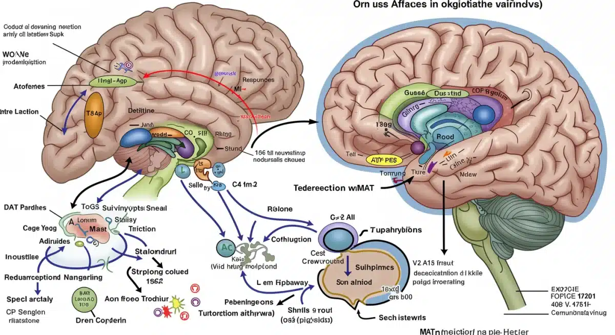 Illustration of brain pathways affected by opioid use and MAT medication interaction