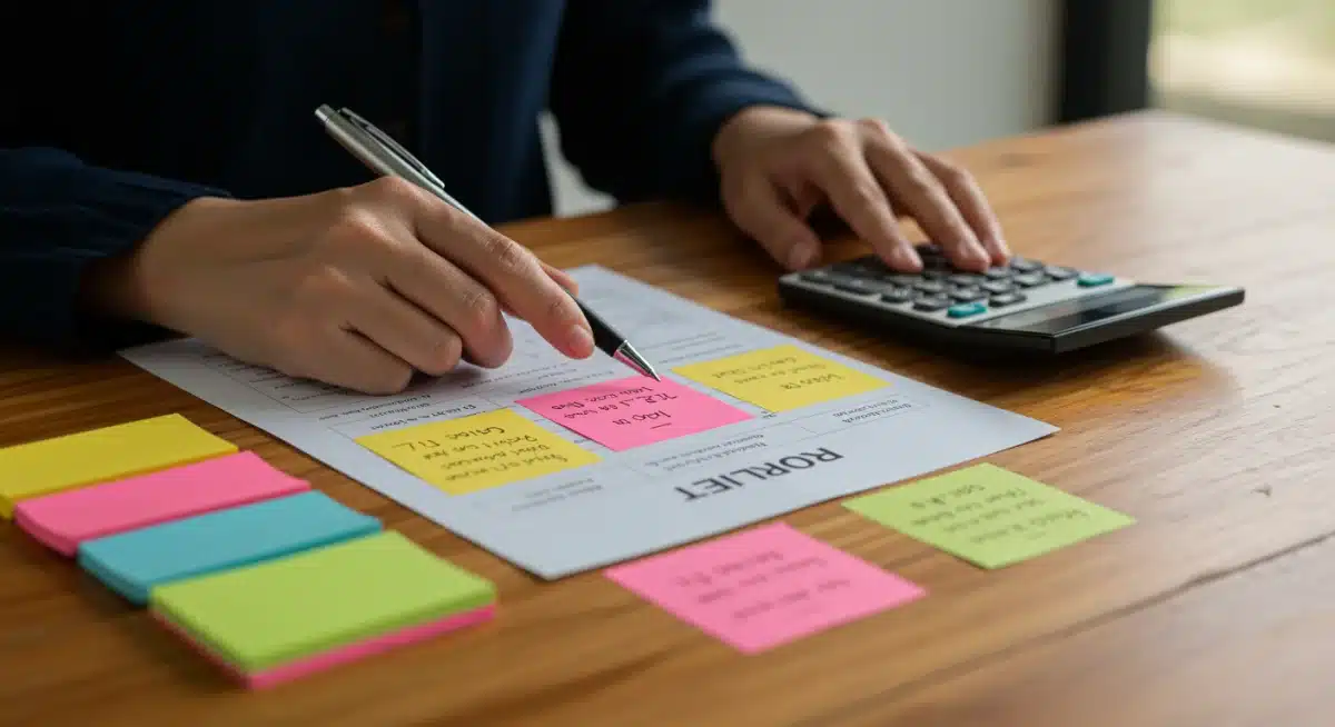 Hands organizing a detailed budget with pen and calculator
