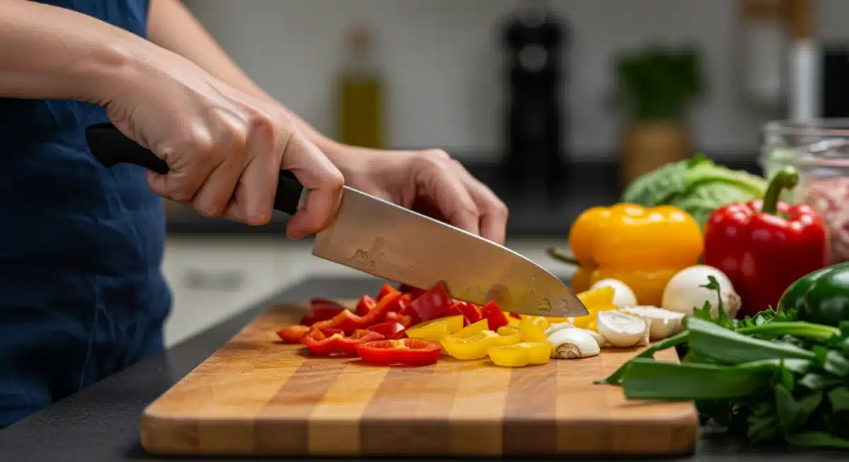 Person chopping fresh colorful vegetables for meal prep