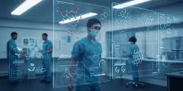 Futuristic medical lab with screens showing new opioid use disorder treatments