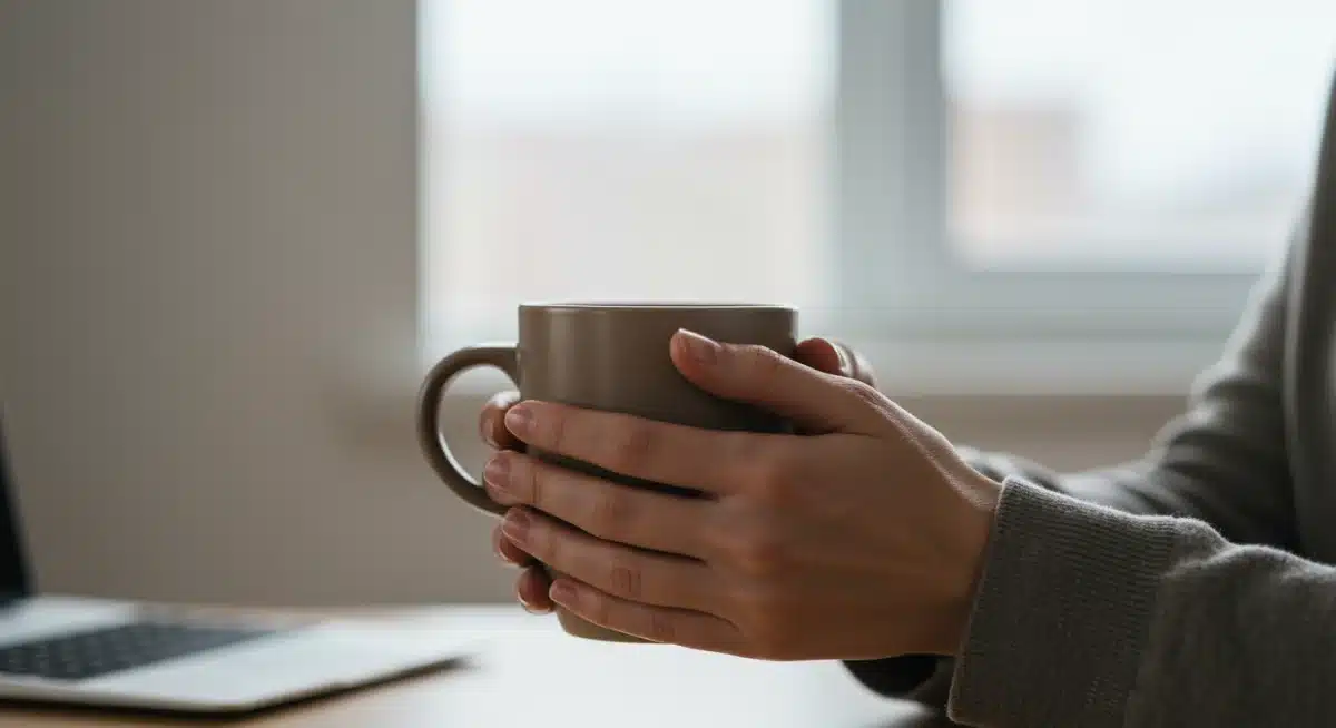 Person practicing mindful sensory awareness with a warm mug