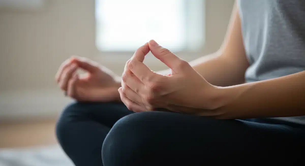 Hands clasped during a 5-minute mindfulness breathing exercise