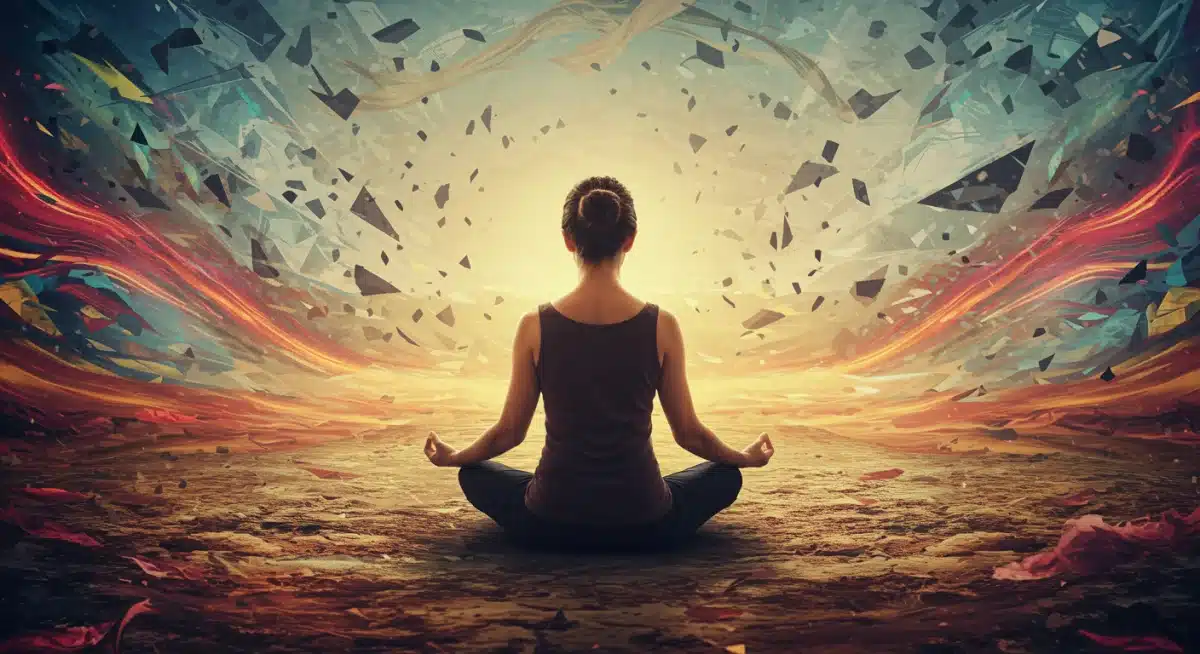 Individual practicing mindfulness for emotional resilience amidst abstract stressors.