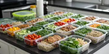 Organized meal prep containers with healthy food on a kitchen counter