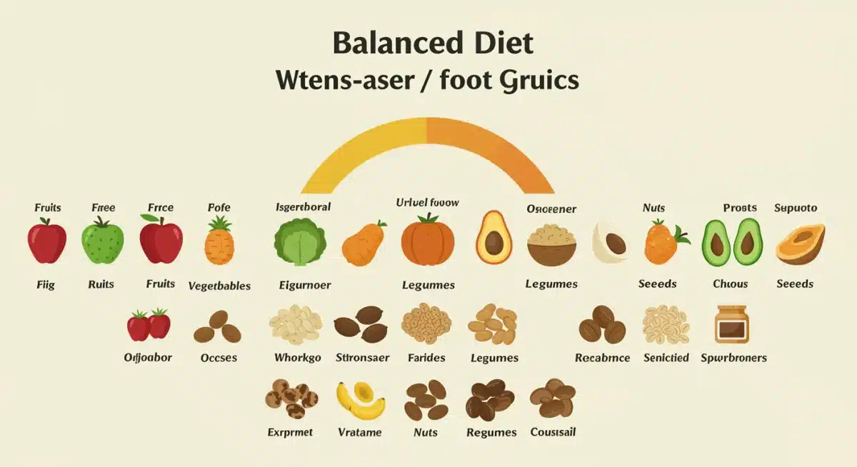Infographic showing balanced plant-based food groups and proportions