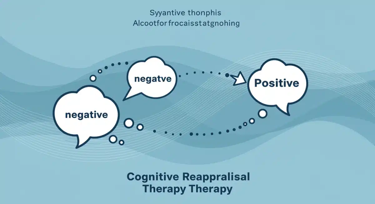 Infographic showing negative thoughts being transformed into positive ones through cognitive reappraisal.