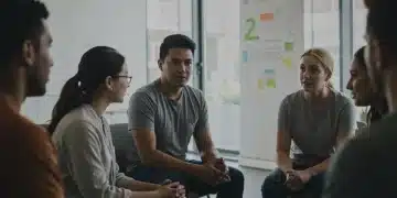 Diverse individuals in a modern support group for addiction recovery, focused on connection and shared experience.