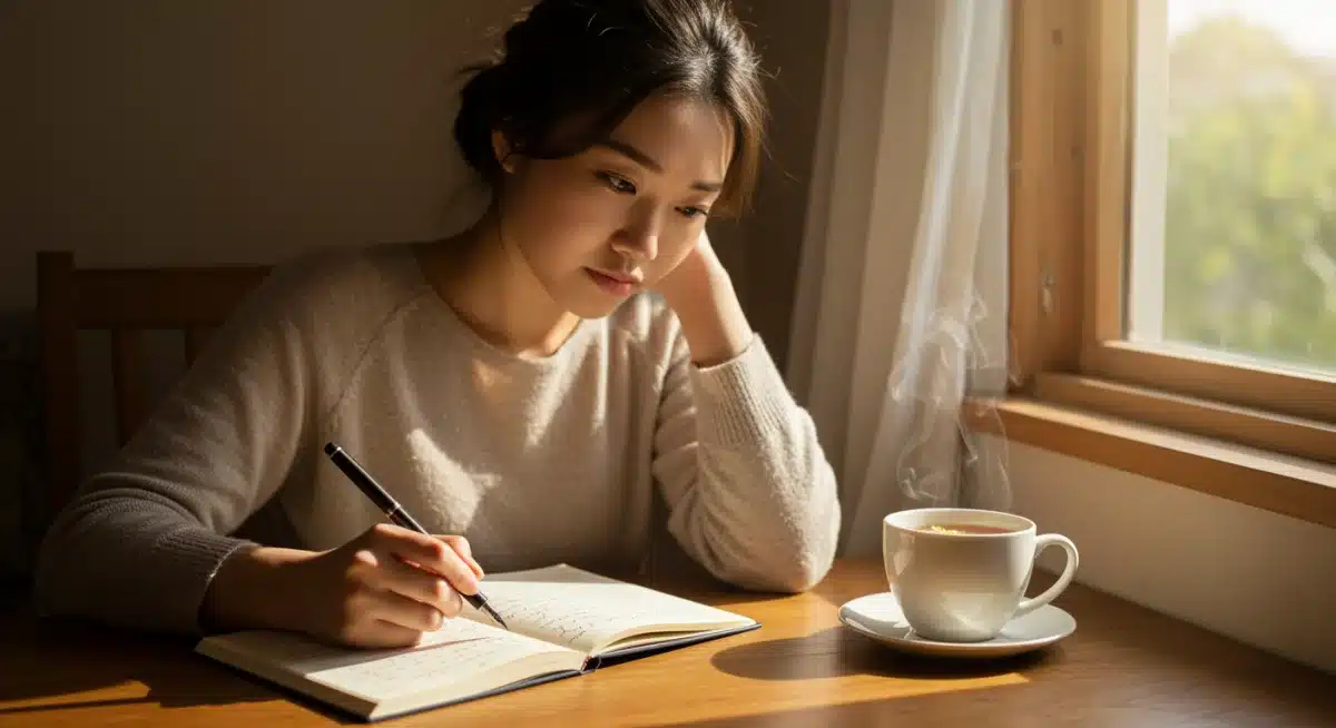Person writing in a journal, reflecting on thoughts and feelings.