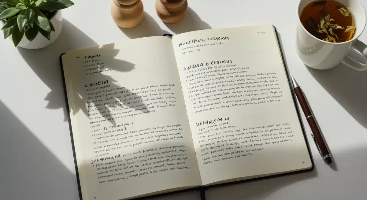 Open journal with mindful exercises and a pen, promoting reflection