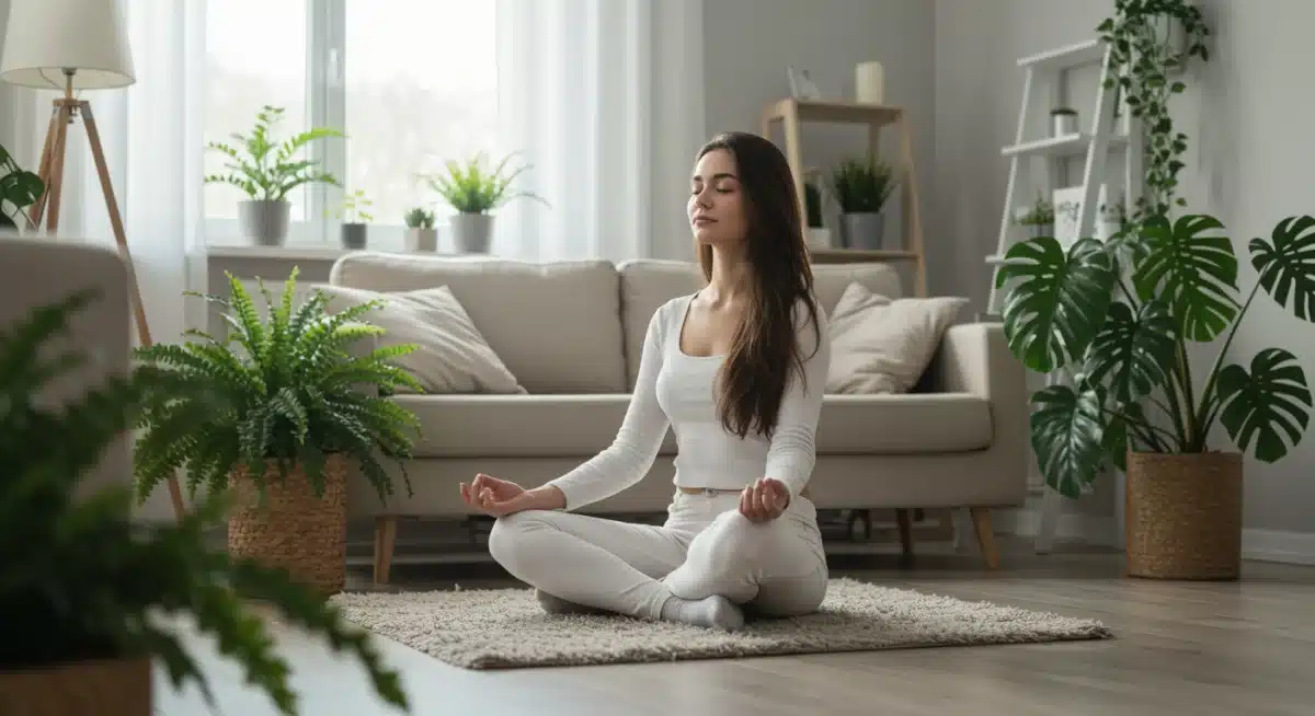 Person meditating in a calm home environment for mental well-being.
