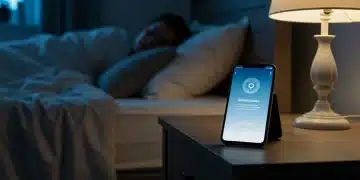 Smartphone on nightstand with mindfulness app, person sleeping peacefully.