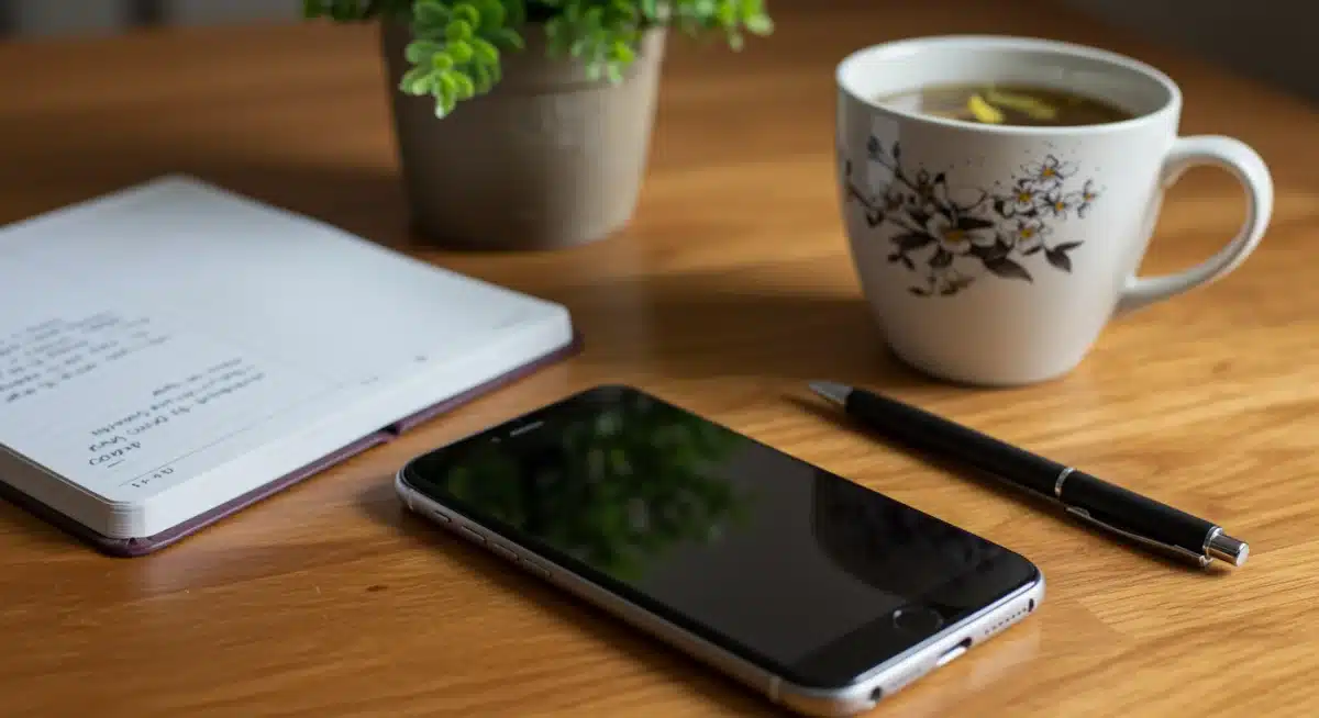 Smartphone face down, journal, tea, symbolizing digital break