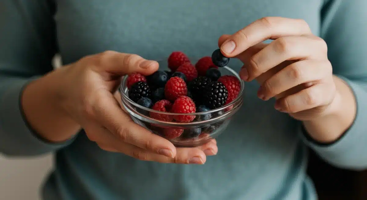 Hands gently holding a bowl of fresh berries, emphasizing savoring food