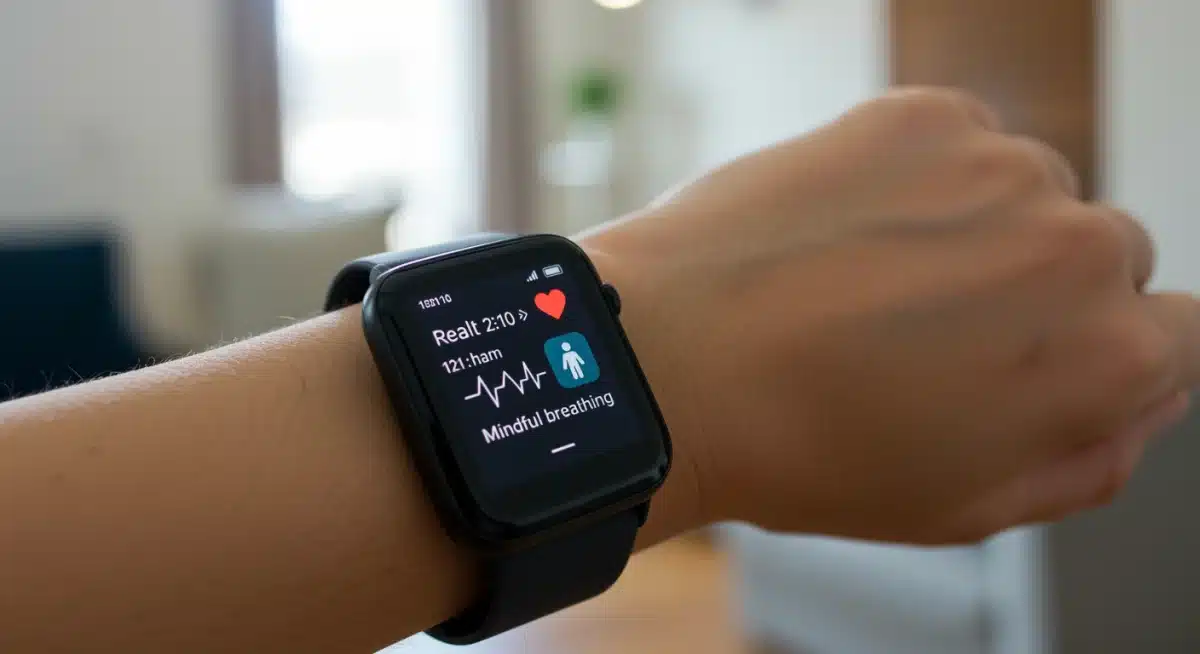 Wearable device displaying mental well-being insights and heart rate data.