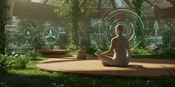 2026 Mindfulness Trends: New Practices for US Well-being Futuristic meditation scene with nature and technology, symbolizing 2026 mindfulness