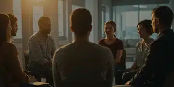 Group therapy session for addiction recovery with diverse participants