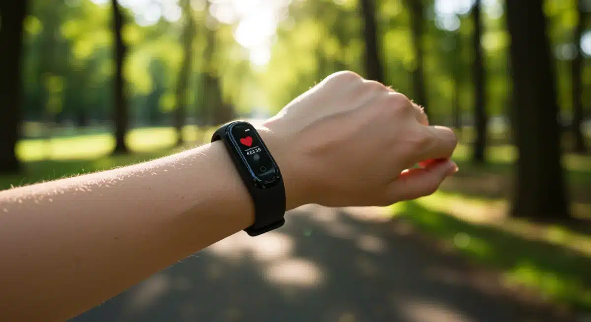 Person using a fitness tracker during an outdoor walk, highlighting technology for sustainable fitness.