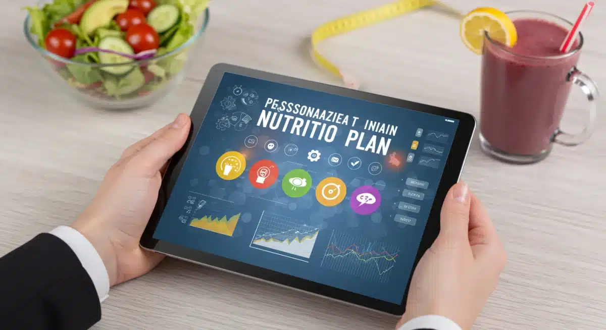 Personalized nutrition plan on tablet with healthy food