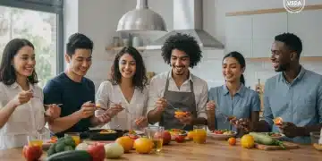 Diverse group enjoying healthy meal, reflecting USDA 2025 guidelines