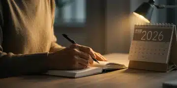 Adult journaling with pen in a modern setting, 2026 calendar visible