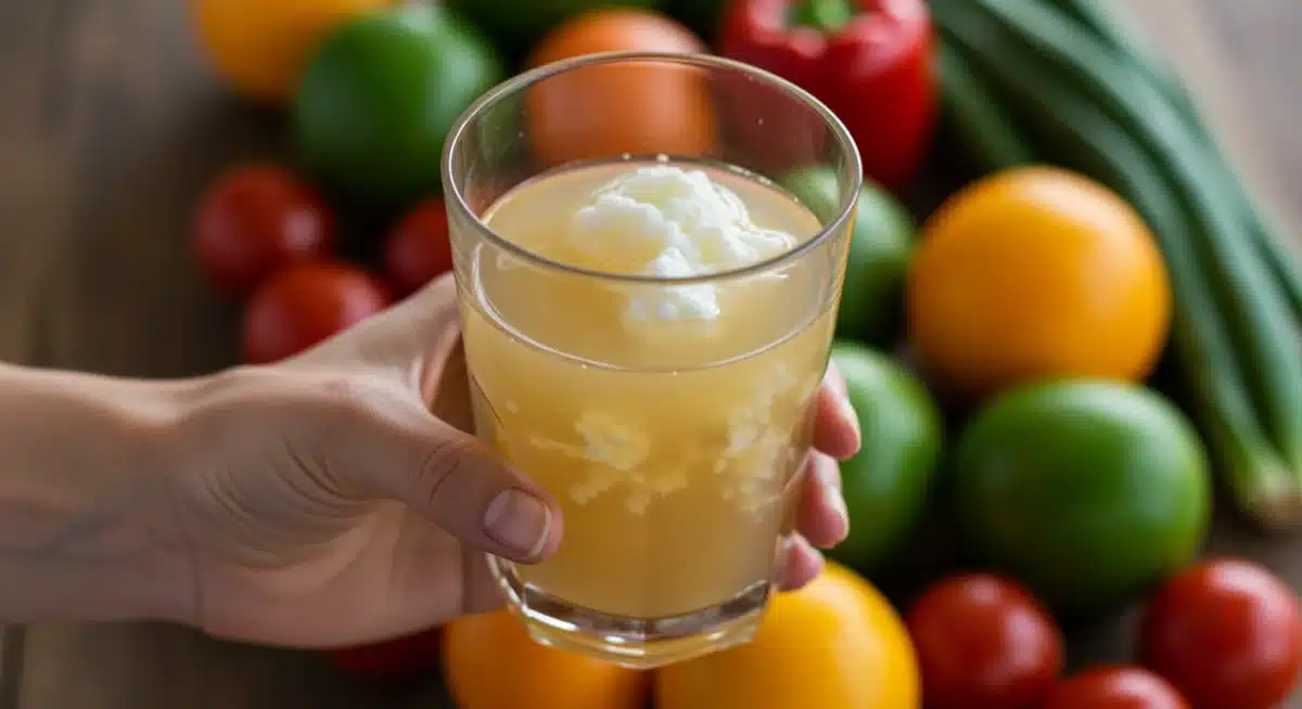 Person holding fermented beverage, surrounded by fruits and vegetables