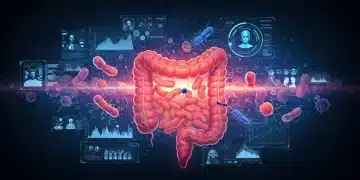 Futuristic illustration of a healthy gut microbiome with digital health data